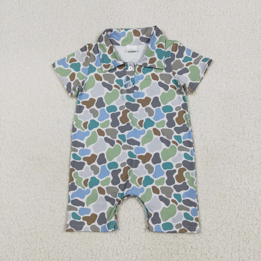 RTS NO MOQ SR2980 Beige short-sleeved jumpsuit with teal camouflage collar and buttons