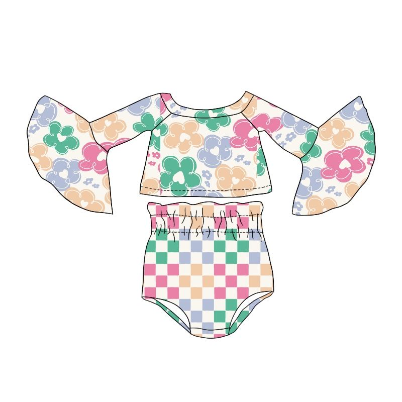 GBO0240 Floral Beige Long Sleeve Colorful Plaid Briefs Set
