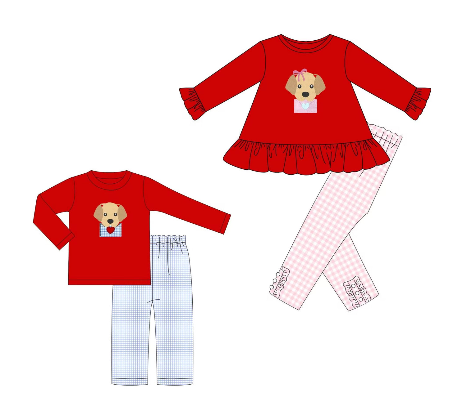 Custom moq 5 mix size milk silk summer baby girl clothes puppy red long sleeve pants sets 2-25.9.4