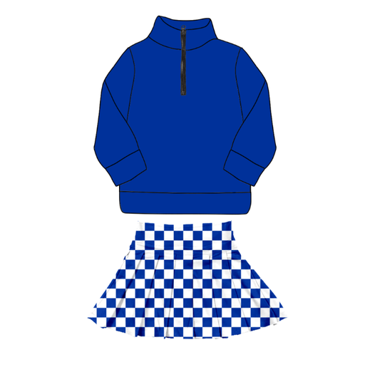 custom moq 5 mix size AASD04 Baby Girls Solid Color Long Sleeve Zip Up Top Plaid Skirt Set