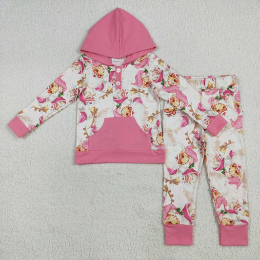 RTS NO MOQ（In Stock) GLP2474 Santa Claus pink pocket hooded long-sleeved trousers suit