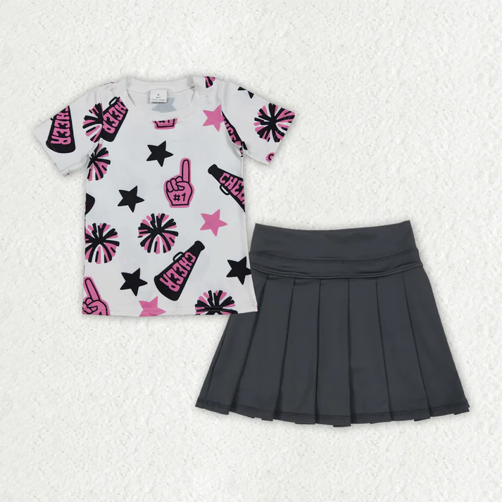RTS NO MOQ Sibling baby girls clothes cheer short sleeve short skirts sets and Top and yoga skirts