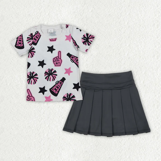 RTS NO MOQ Sibling baby girls clothes cheer short sleeve short skirts sets and Top and yoga skirts