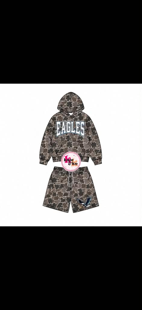 custom moq 5 mix size BYTR0105 Kids Camo Print Letter Hoodie And Drawstring Shorts Clothes Set