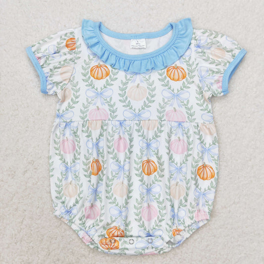 RTS no moq SR1730 Pumpkin Leaf Blue Lace Short Sleeve Jumpsuit