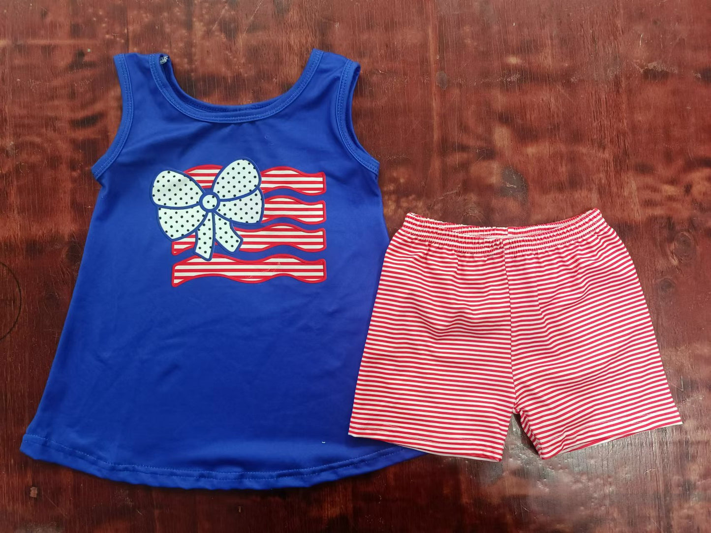 custom moq 5 eta 5weeks summer team baby girls clothes national day flag navy blue sleeveless red shorts set