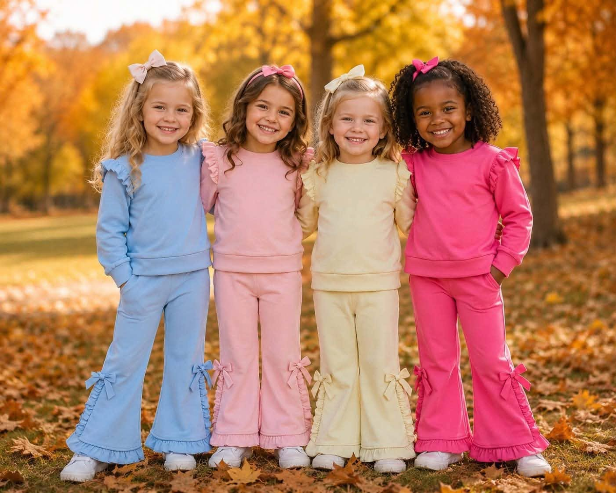 (Preorder new) No moq cotton Baby Girls Ruffle Shoulder Long Sleeve Sweatshirt And Bow Ruffle Hem Flare Bell Bottom Pants Fall Casual Clothes Set