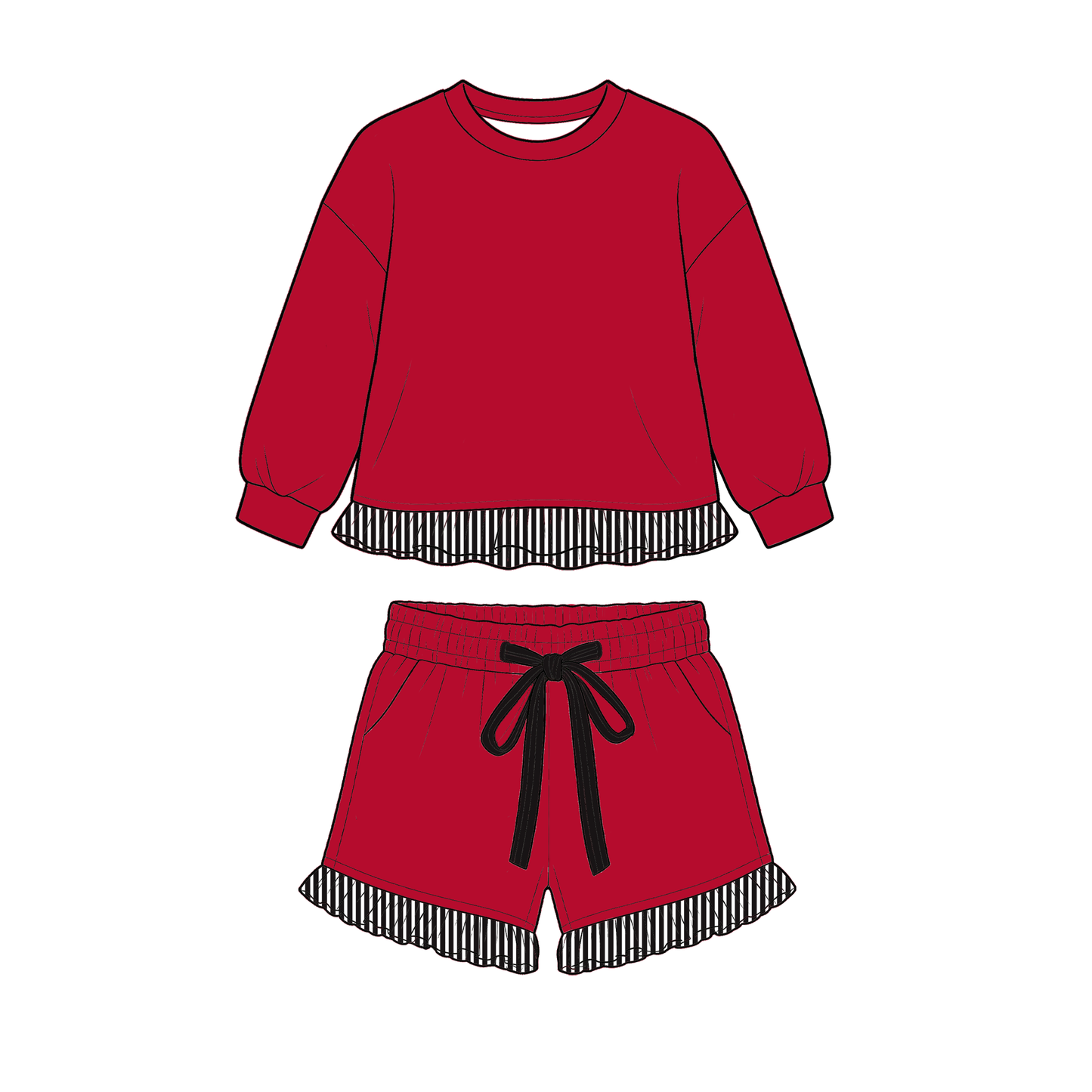 moq 3 GSLS01 Baby Girls Long Sleeve Crewneck Sweatshirt Stripe Ruffle Hem Matching Shorts With Drawstring Pockets Outfit Set