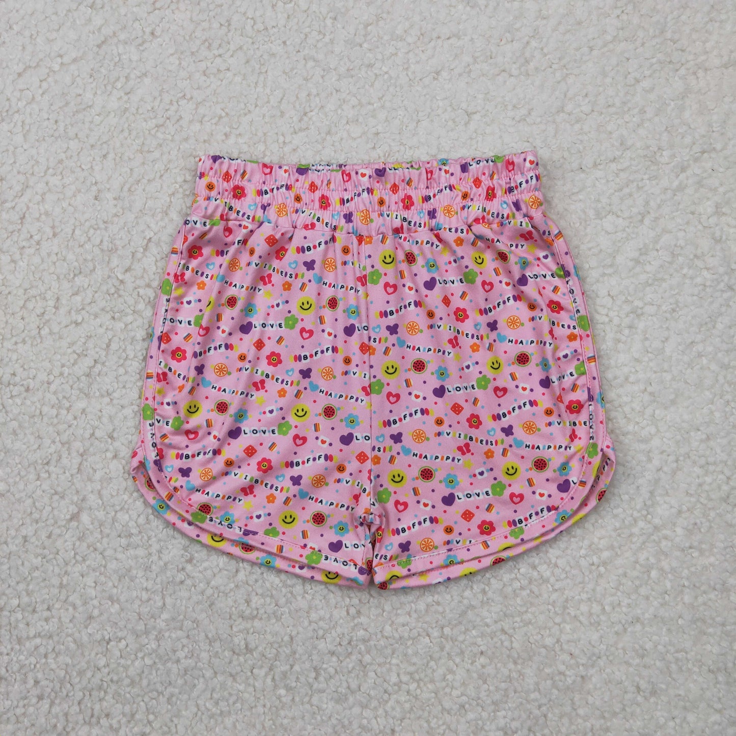 RTS NO MOQ SS0484 Happy butterfly smiley face letter pink shorts