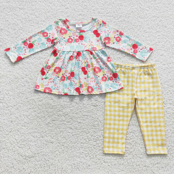 RTS NO MOQ Sibling baby girl clothes floral bow long sleeve pants Sets
