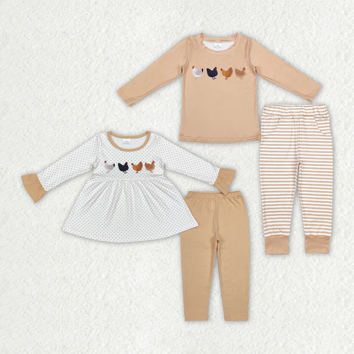 RTS NO MOQ Brown Boys and Girls Long Sleeve Suit with Hen Pattern