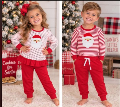 RTS NO MOQ Sibling baby girl clothes Christmas Santa Claus Striped Long Sleeve Suits