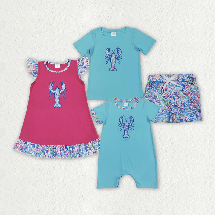 RTS NO MOQ Sibling Baby girls boy clothes embroidery short sleeve shorts suit & rompers and dress