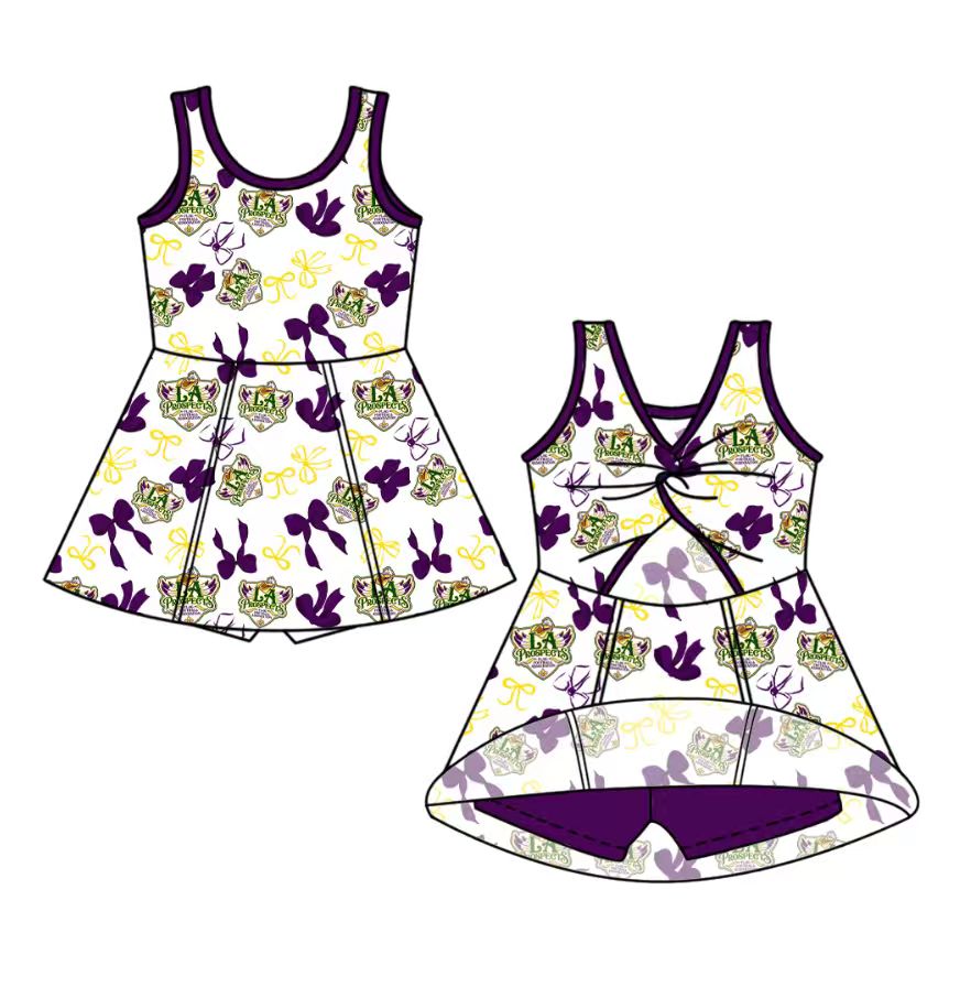 custom moq 5 mix size NB020624 Baby Girls Bow Printed Team Sleeveless Knee Skort Dresses Yoga Active Outfits