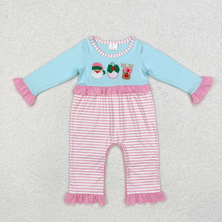 RTS NO MOQ Embroidered Santa Claus-Bell-Elk Pattern Sky Blue Splicing Pink Striped Romper & Long Sleeve Pants Set for Baby Girls