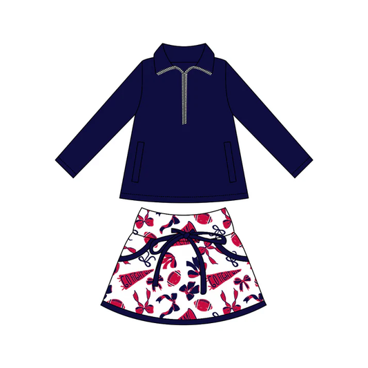 Custom moq 5 each style eta 6-7weeks baby girl clothes team navy blue long sleeve skirt sets-25.8.4