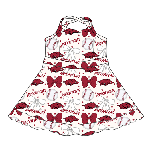 Custom moq 5 mix sizes summer teams baby girls clothes team baseball bow brick red short sleeve dress-25.6.13