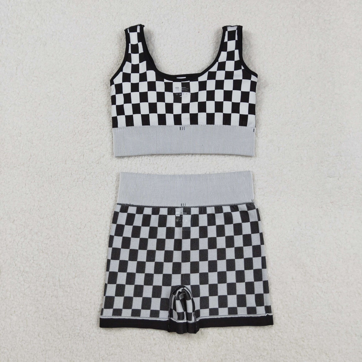 RTS NO MOQ Sibling Adult Women's Black and White Checkered Tank Top and shorts and set