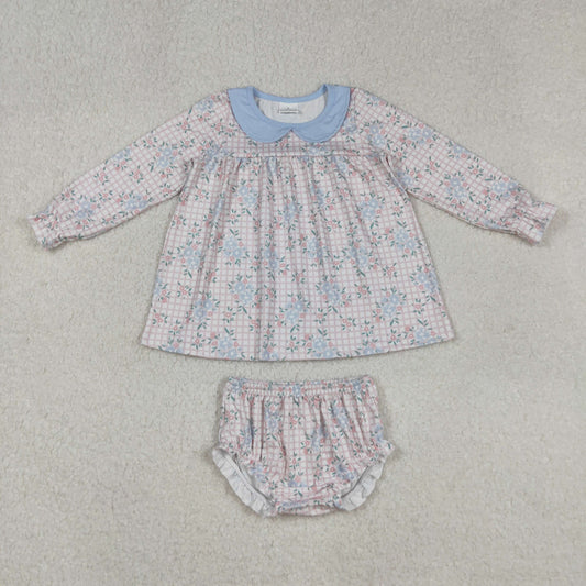 RTS NO MOQ（In Stock) GBO0466 Blue flower and leaf pink plaid doll collar long-sleeved briefs set