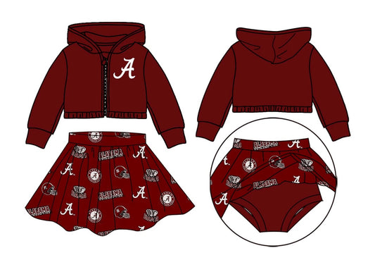 custom moq 3 eta 6-7weeks team summer baby girls clothes brick red hooded with skirts sets