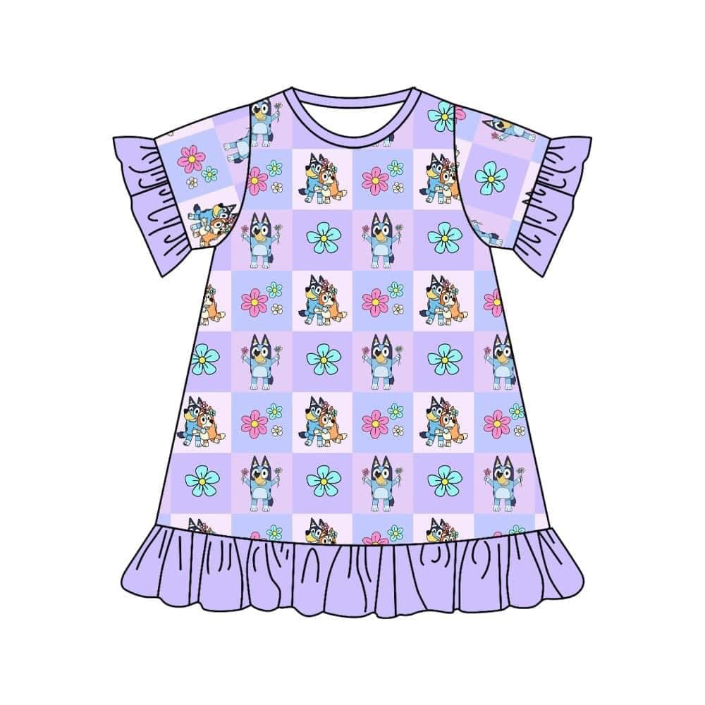 Deadline September 19 custom no moq eta 6-8weeks Purple Tricolor Plaid Puppy Flower Ruffle Lace Skirt Short Sleeve Dress