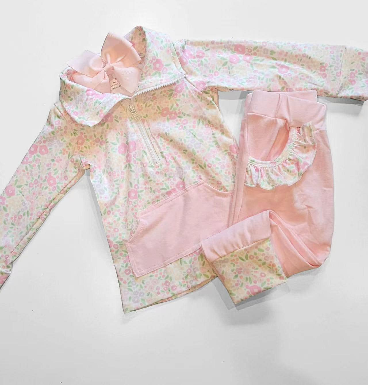RTS NO MOQ ETA 5/7days Arrived GLP2118 Flower floral pink pocket zipper long sleeve trousers set