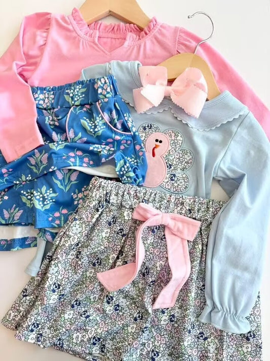 RTS NO MOQ Sibling baby girl clothhs Pure pink long-sleeved floral blue skirt set