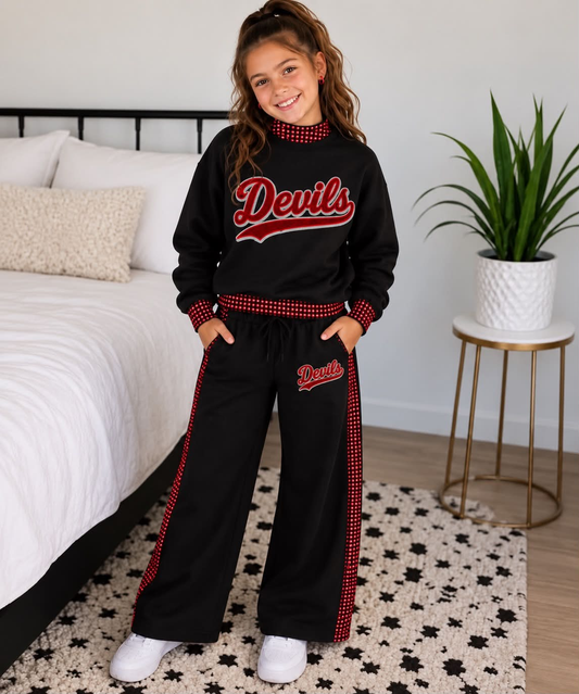 custom moq 5 mix size LIBBYBS0101 Adult To Match Kids Black Long Sleeve Red Check Trim Mock Neck Top Pant Outfit