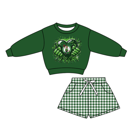 Custom moq 5 mix size milk silk summer teams baby boys clothes green long sleeve shorts sets-25.10.28