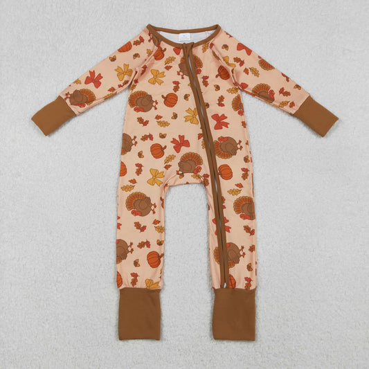 RTS NO MOQ（In Stock) LR2689 Turkey pumpkin bow pattern long-sleeved zip-up bodysuit