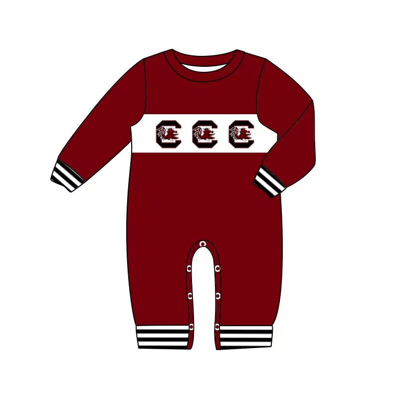 Custom moq 5 eta 6-8weeks baby boys clothes team brick red long sleeve romper