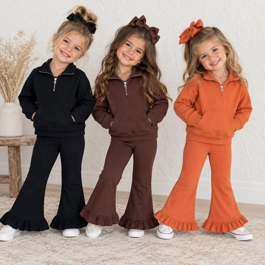 RTS NO MOQ Sibling fleece Baby Girls Fall Solid Pullover Quarter Zip Sweatshirt Ruffle Bell Bottom Outfit