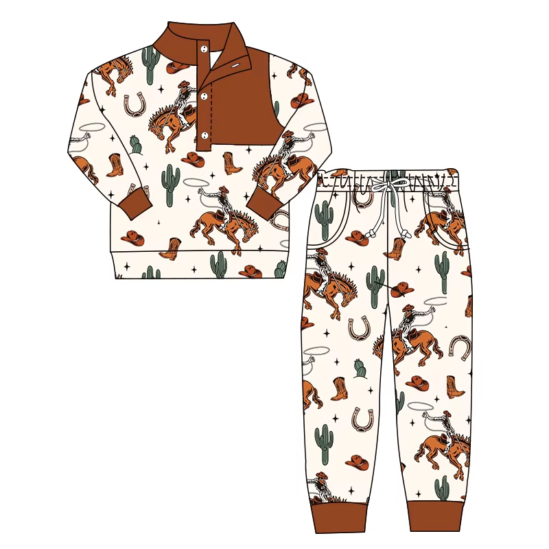 Custom moq 5 mix size milk silk summer baby boy clothes riding horse long sleeve pants sets-25.8.15