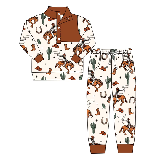 Custom moq 5 mix size milk silk summer baby boy clothes riding horse long sleeve pants sets-25.8.15