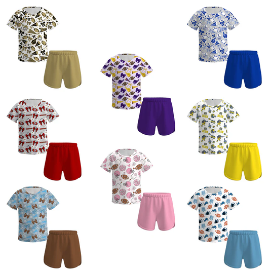 Custom moq 5 each style eta 6-7weeks baby boy and girl clothes team bow short sleeve shorts suits