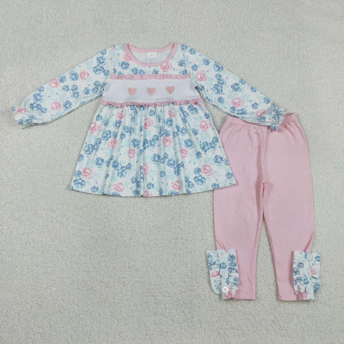 RTS NO MOQ（In Stock) Embroidered Valentine's Day heart pink lace floral long-sleeved pants set