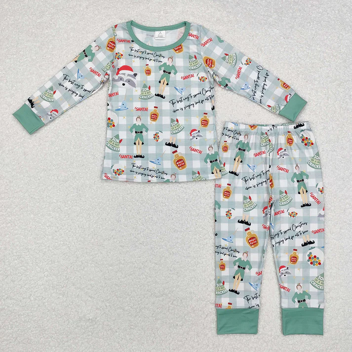 RTS NO MOQ Akimbo Girls-Wolf Dog Pattern Green Plaid Long Zipper Climbing Suit & Long Sleeve Set