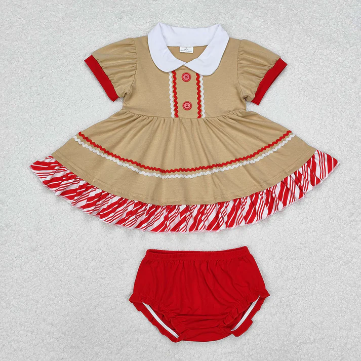RTS NO MOQ Red Striped Skirt Khaki Baby Collar Button Short Sleeve Dress & Short Sleeve Thong Set