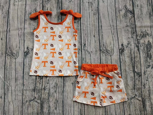 Custom moq 3 eta 6-7weeks baby girls clothes team orange suspender shorts sets-25.5.29