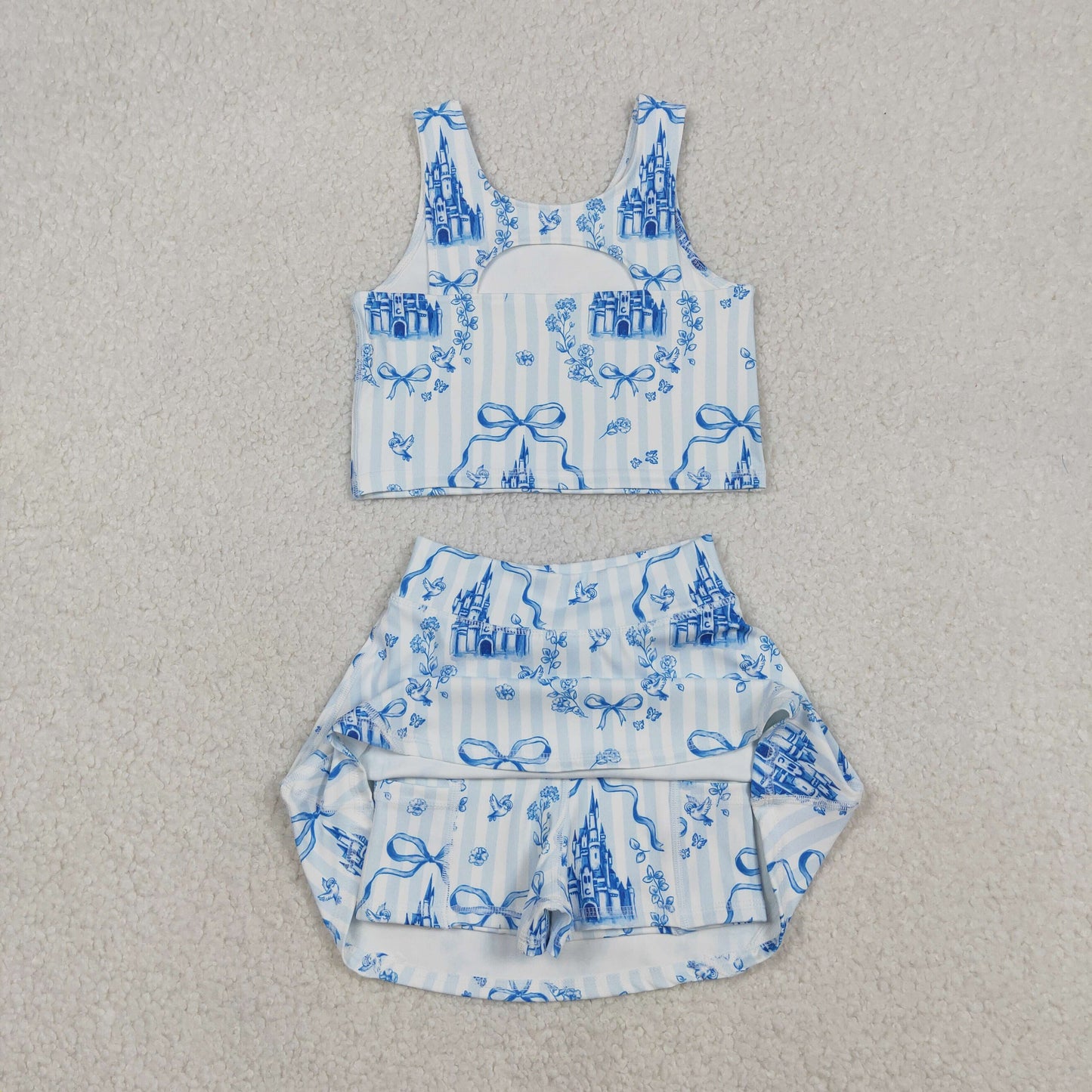 RTS NO MOQ（In Stock) Bow Pattern Castle Blue Striped Vest Skirt and Pants Yoga Set