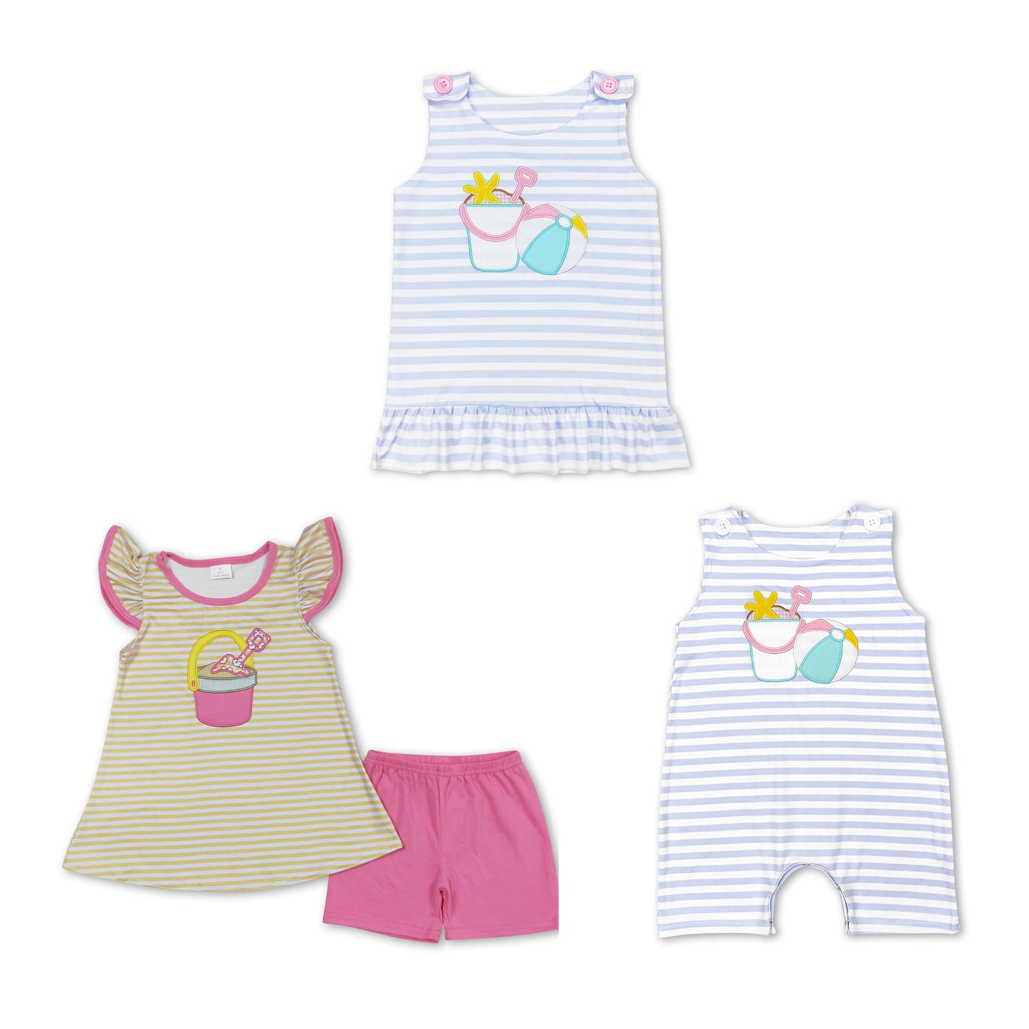 RTS NO MOQ GSSO0600 SR1517 GT0568  Embroidered Beach Bucket-Beach Ball Striped Sleeveless Top & Short Sleeve Shorts Set & Crawling Suit