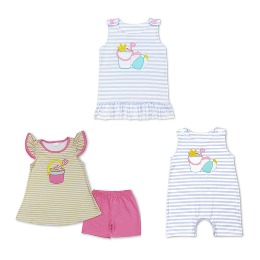 RTS NO MOQ GSSO0600 SR1517 GT0568  Embroidered Beach Bucket-Beach Ball Striped Sleeveless Top & Short Sleeve Shorts Set & Crawling Suit