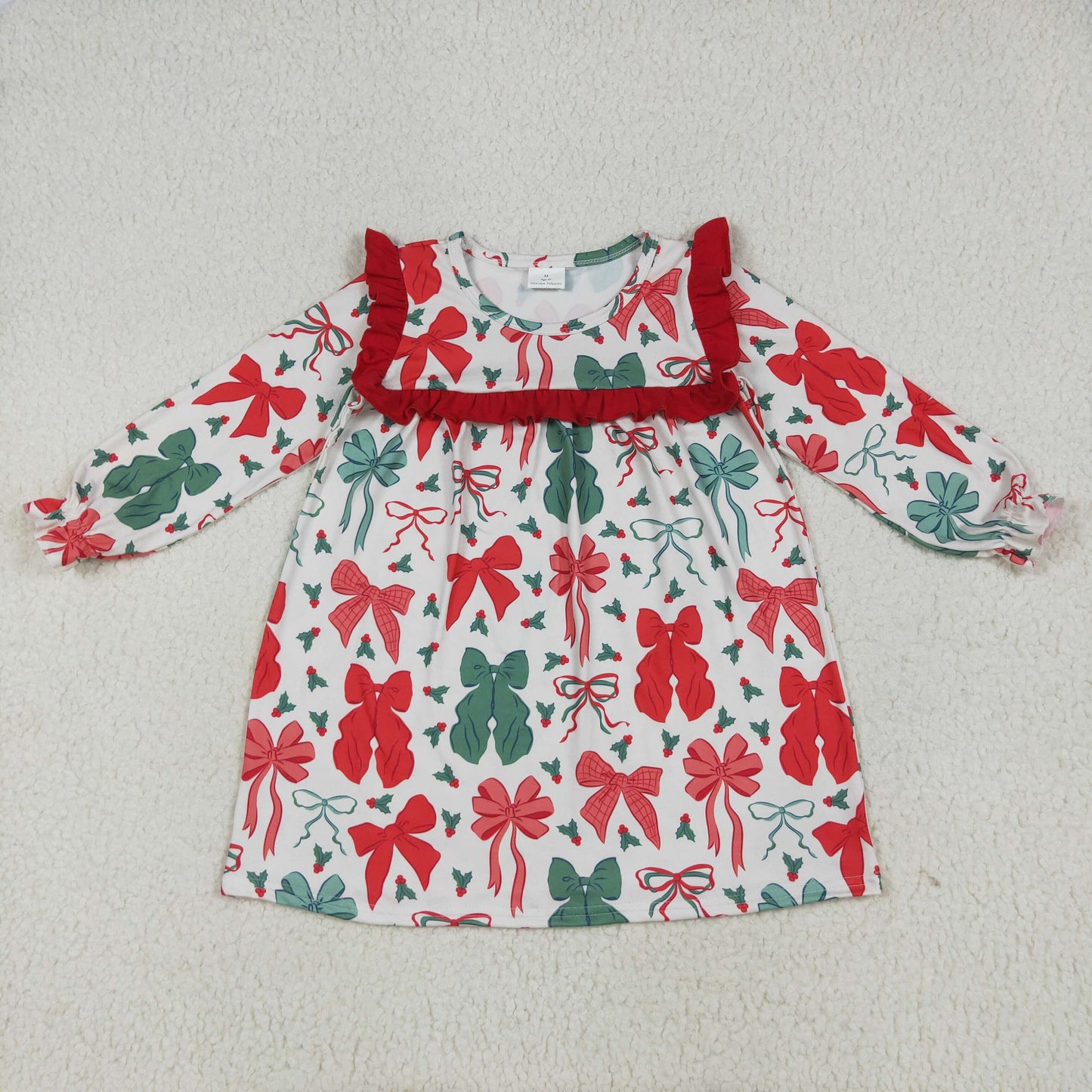 RTS NO MOQ GLD1046 Christmas red and green bow pattern lace long sleeve dress