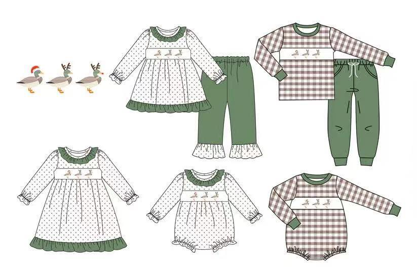 Custom moq 5 each style eta 6-7weeks baby girl clothes Christmas duck long sleeve pants set 2 and rompers 2 and dress-25.7.29