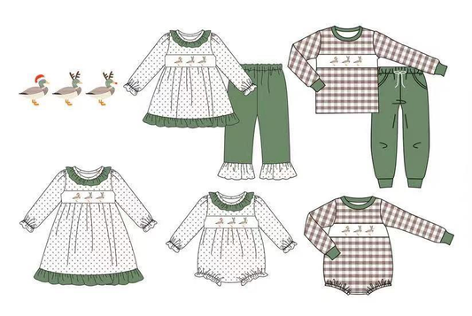 Custom moq 5 each style eta 6-7weeks baby girl clothes Christmas duck long sleeve pants set 2 and rompers 2 and dress-25.7.29