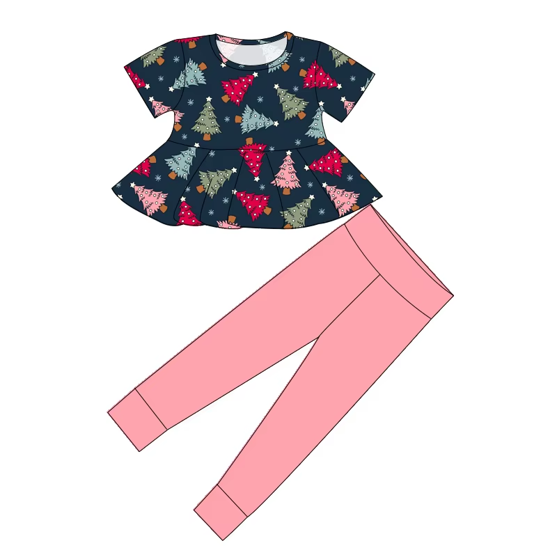 Custom moq 5 mix size milk silk summer baby girl clothes Christmas trees short sleeve pants sets-25.8.15