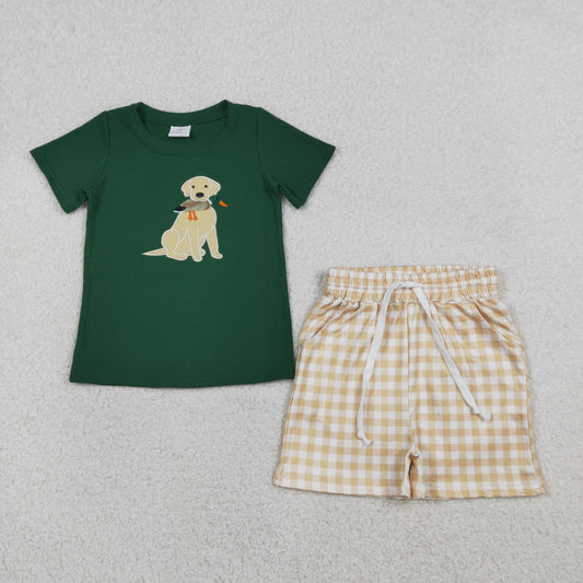 RTS NO MOQ（In Stock) BSSO1636 Embroidered Puppy and Duck Green Short-Sleeve Set with Light Brown Plaid Shorts