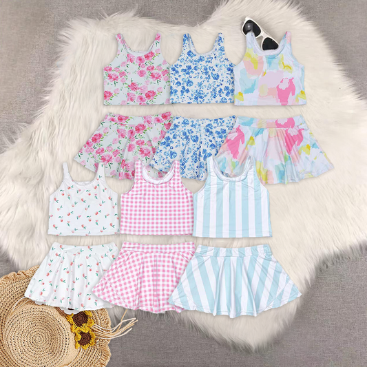 RTS NO MOQ Colorful sleeveless culottes suit Pink floral sleeveless culottes suit  Blue flower white sleeveless culottes suit