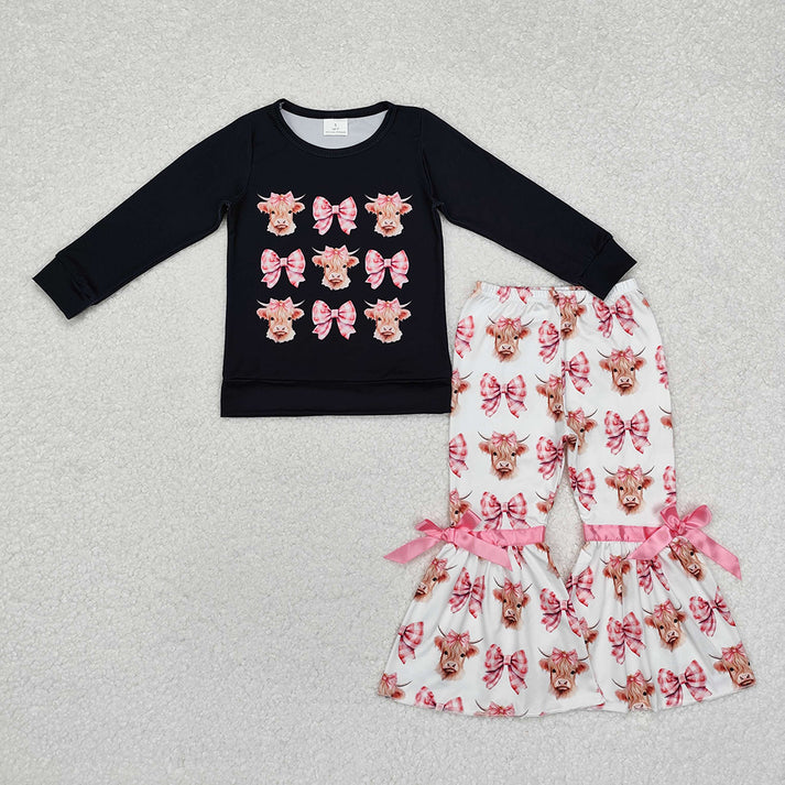 RTS NO MOQ Baby Girls Highland Cow Bows Rompers Clothes Sets