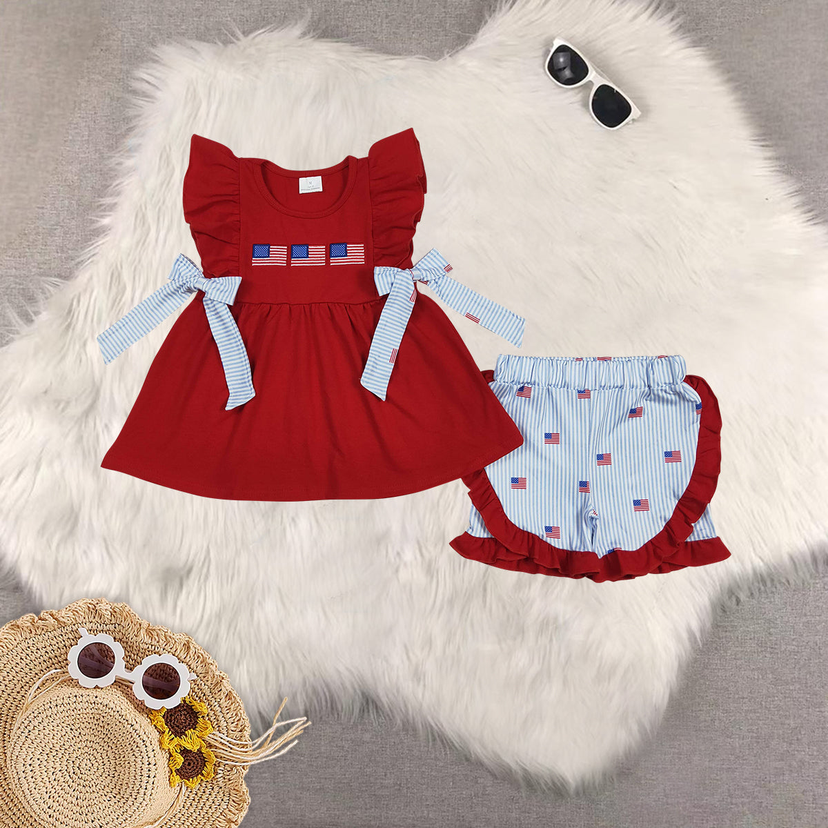 RTS 4th of july embroidery flag Short Sleeve Shorts Set romper